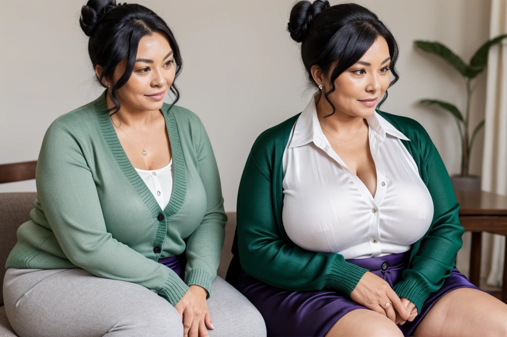 55 YEAR OLD two ugly aged woman thick aged big body massive tits black hair bun wearing green and dark purple cardigan only sitting with a 22 year young lean fit guy who's sitting in between them wearing silk white button shirt only , hugging each other , sexy , detailed , posing for camera