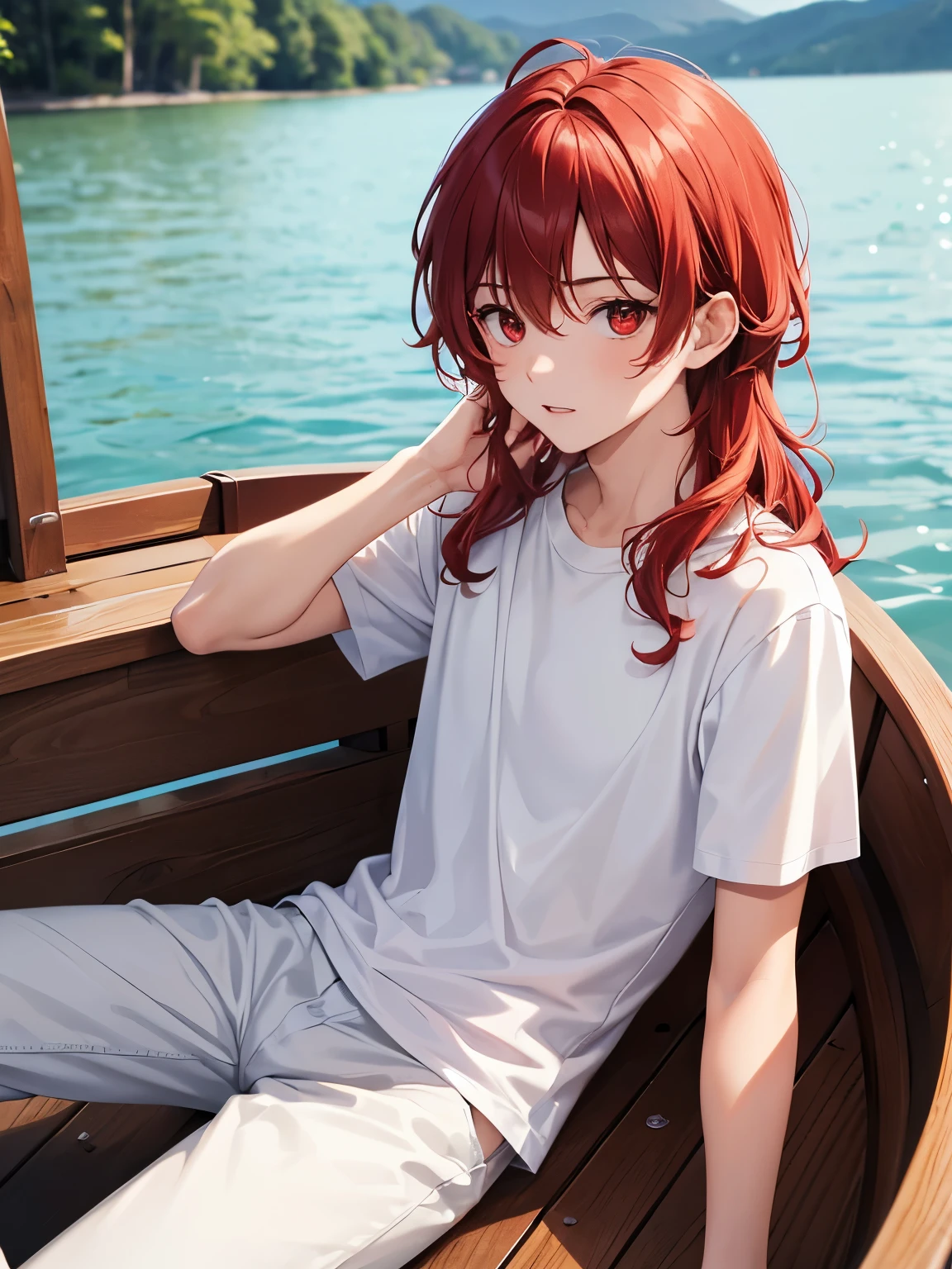 1boy,18 years old,Sitting in a wooden boat,Surprised expression, on a lake,cool,middle parted hairstyle,Curly hair, red hair, red eyes, long hair, vampire, handsome,,close up photo, close up photo,White t-shirt,Short sleeve t-shirt,,black trousers