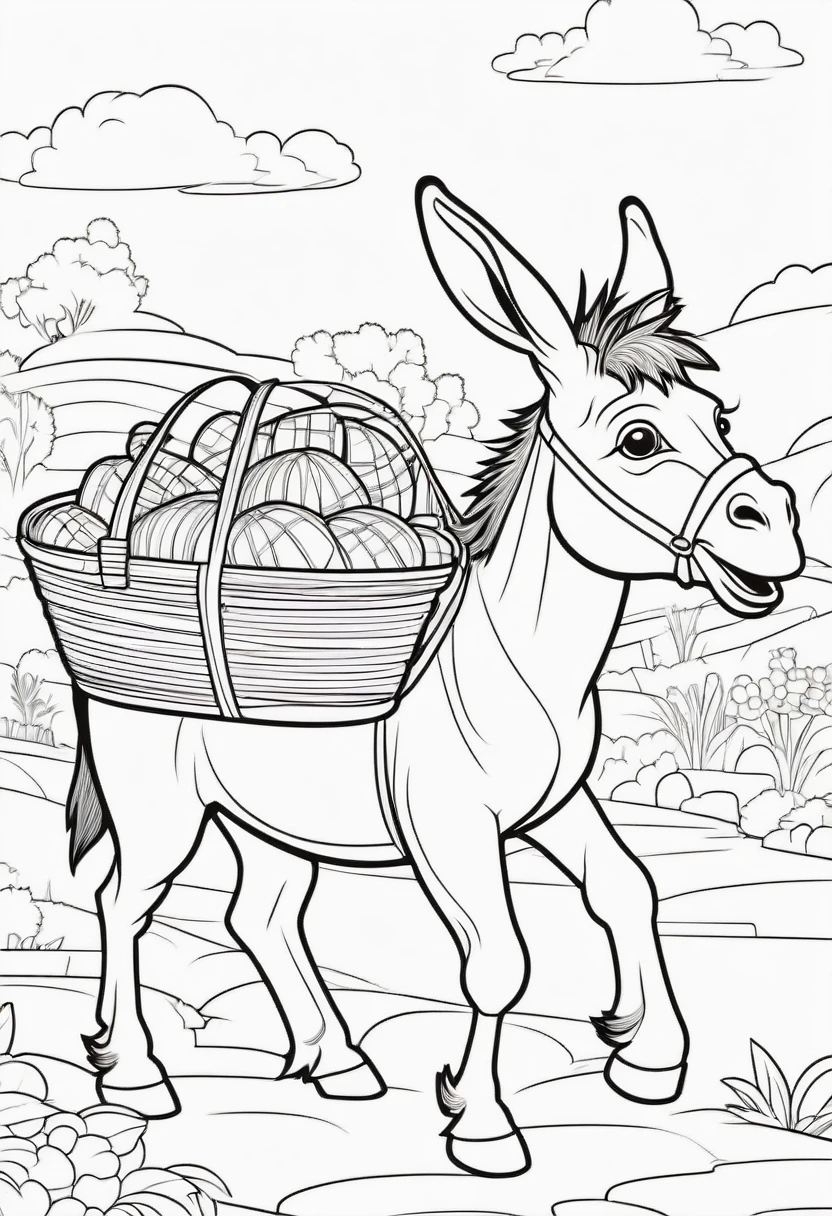 coloring page for kids, Donkey carrying baskets, cartoon style, thick lines