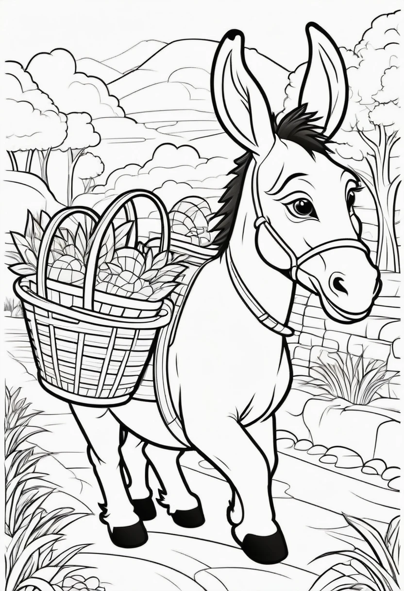 coloring page for kids, Donkey carrying baskets, cartoon style, thick lines