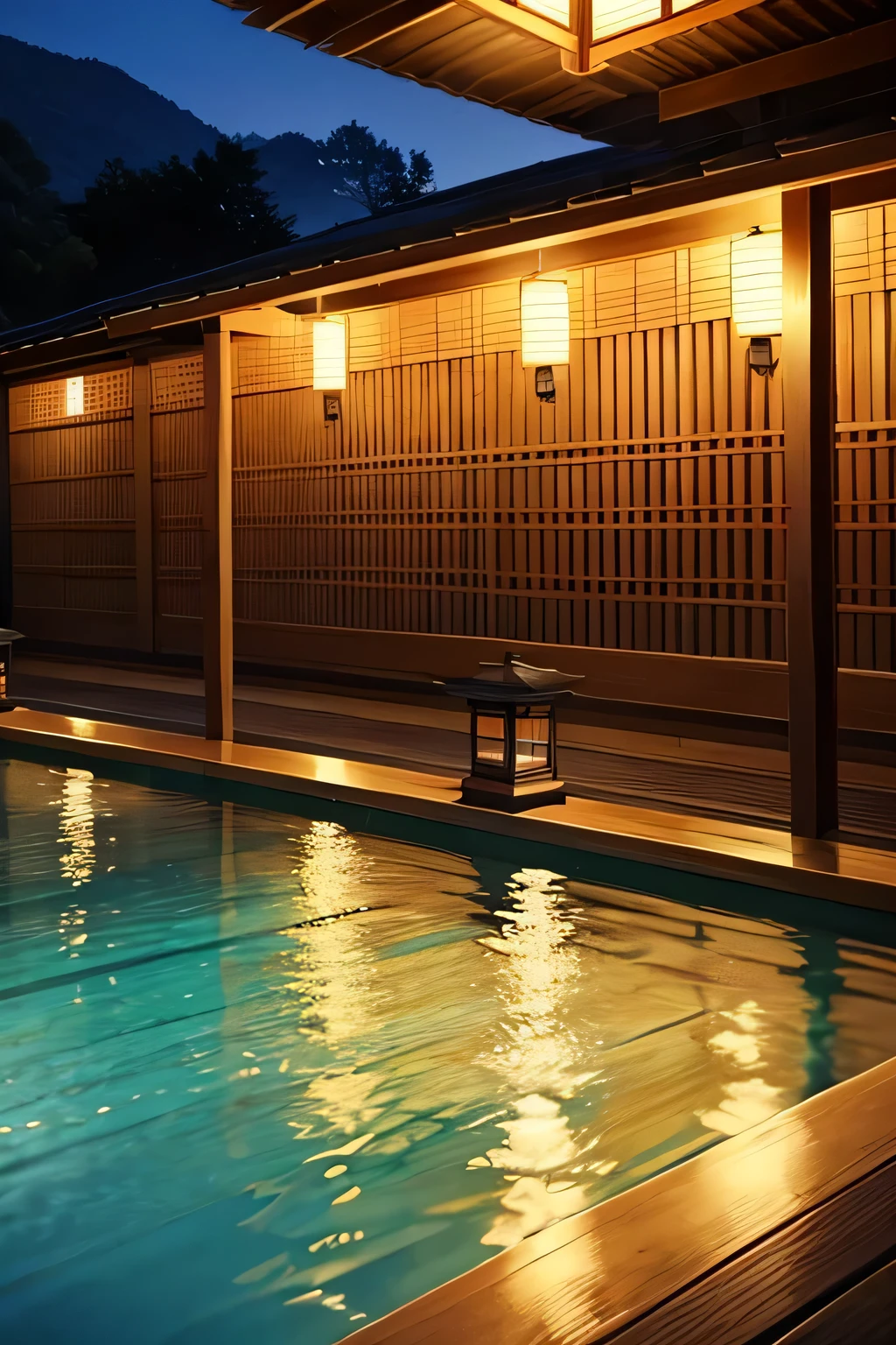 At night, the large bath is beautiful and fantastic with its lights, lanterns, and shoji screens. A distant angle. Beautiful water, an old Japanese hot spring inn