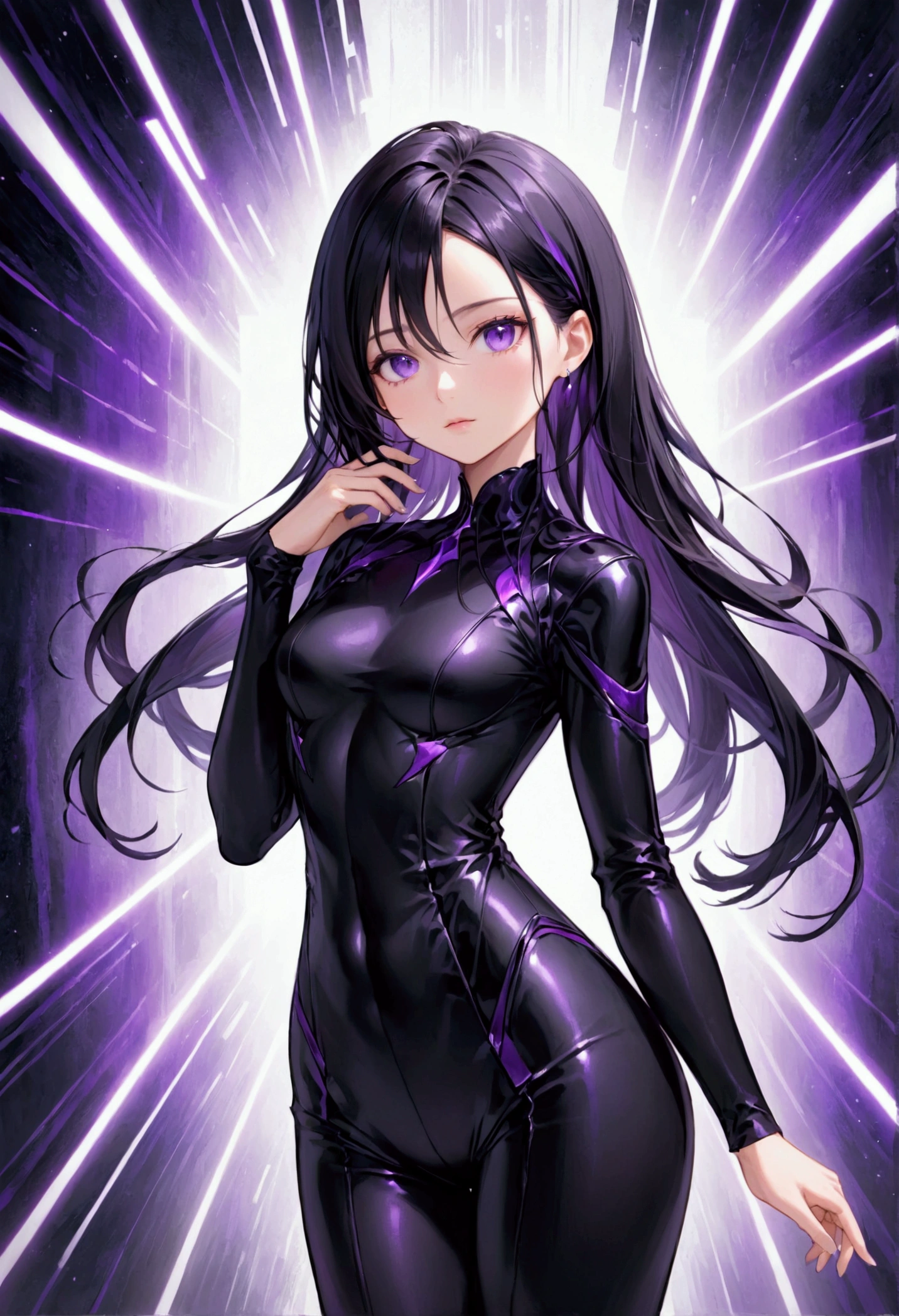 young woman with long dark onyx hair that has purple highlights,deep violet eyes,short strature, rectangle body figure,wearing an elegant black outfit