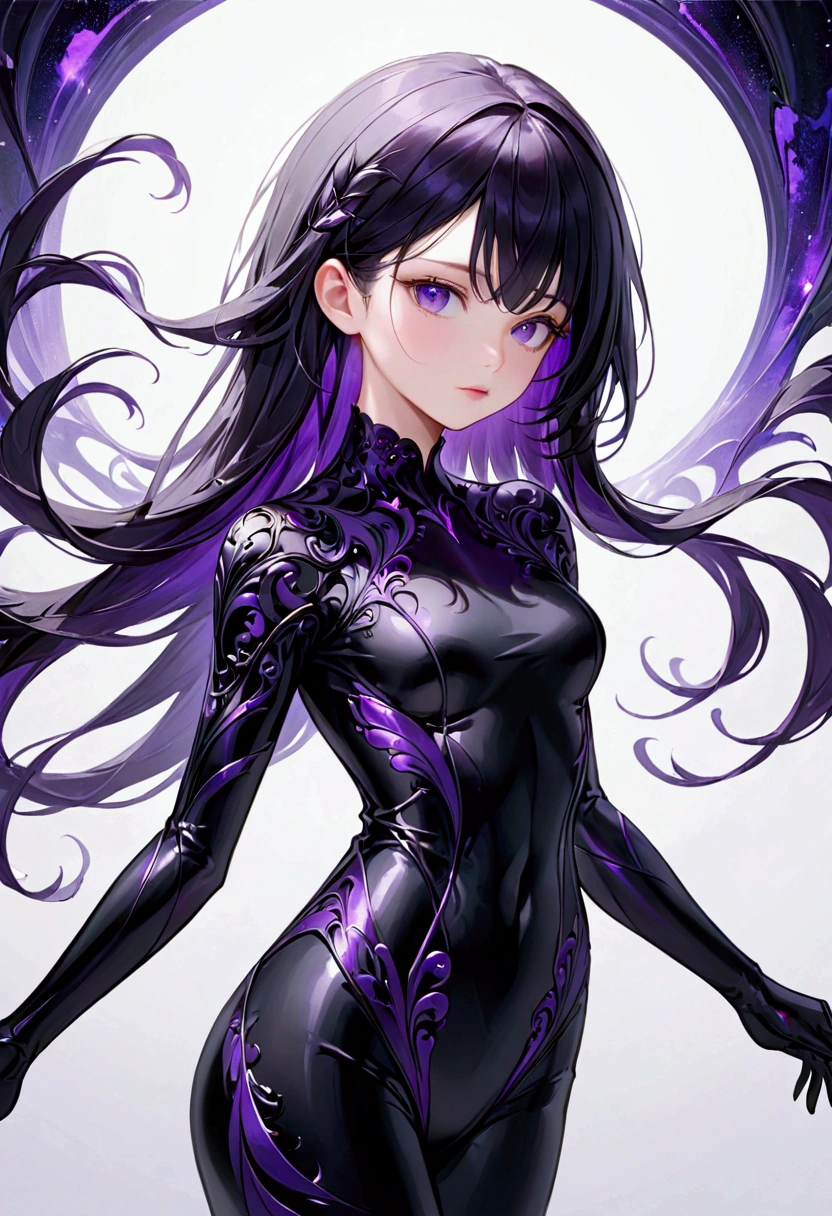 young woman with long dark onyx hair that has purple highlights,deep violet eyes,short strature, rectangle body figure,wearing an elegant black outfit