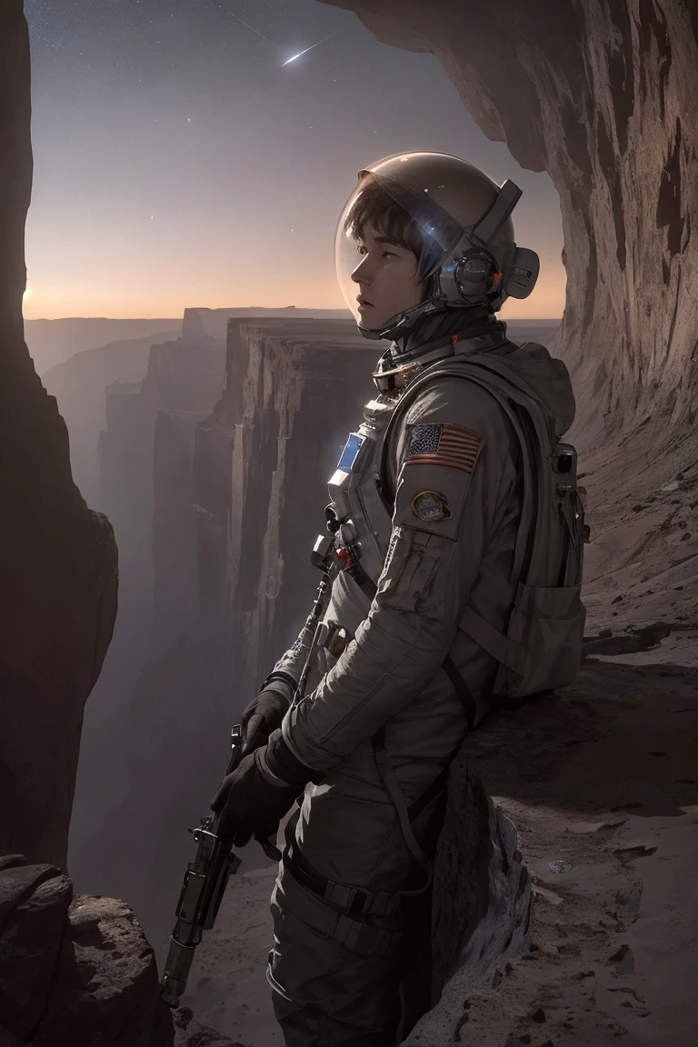 cinematic film, Realistic photograph,

An astronaut stands at the edge of a daunting canyon on Mars, gazing into the vast chasm that stretches before him under the starlit sky. The night is illuminated by the distant stars and the faint light of the planet, casting long shadows across the Martian landscape. The steep and rugged walls of the canyon seem insurmountable, and the astronaut, clad in his spacesuit, screams into the void, a mix of awe and exasperation evident in his expression. The Martian terrain, scattered with rocks and shadows, adds to the atmosphere of mystery and the challenges of space exploration.



,shallow depth of field, vignette, highly detailed, high budget, bokeh, cinemascope, moody, epic, gorgeous, film grain, grainy, 