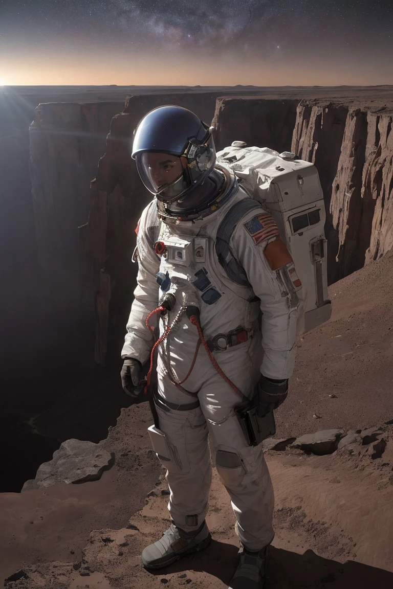 cinematic film, Realistic photograph,
An astronaut stands at the edge of a daunting canyon on Mars, gazing into the vast chasm that stretches before him under the starlit sky. The night is illuminated by the distant stars and the faint light of the planet, casting long shadows across the Martian landscape. The steep and rugged walls of the canyon seem insurmountable, and the astronaut, clad in his spacesuit, screams into the void, a mix of awe and exasperation evident in his expression. The Martian terrain, scattered with rocks and shadows, adds to the atmosphere of mystery and the challenges of space exploration.
,shallow depth of field, vignette, highly detailed, high budget, bokeh, cinemascope, moody, epic, gorgeous, film grain, grainy,