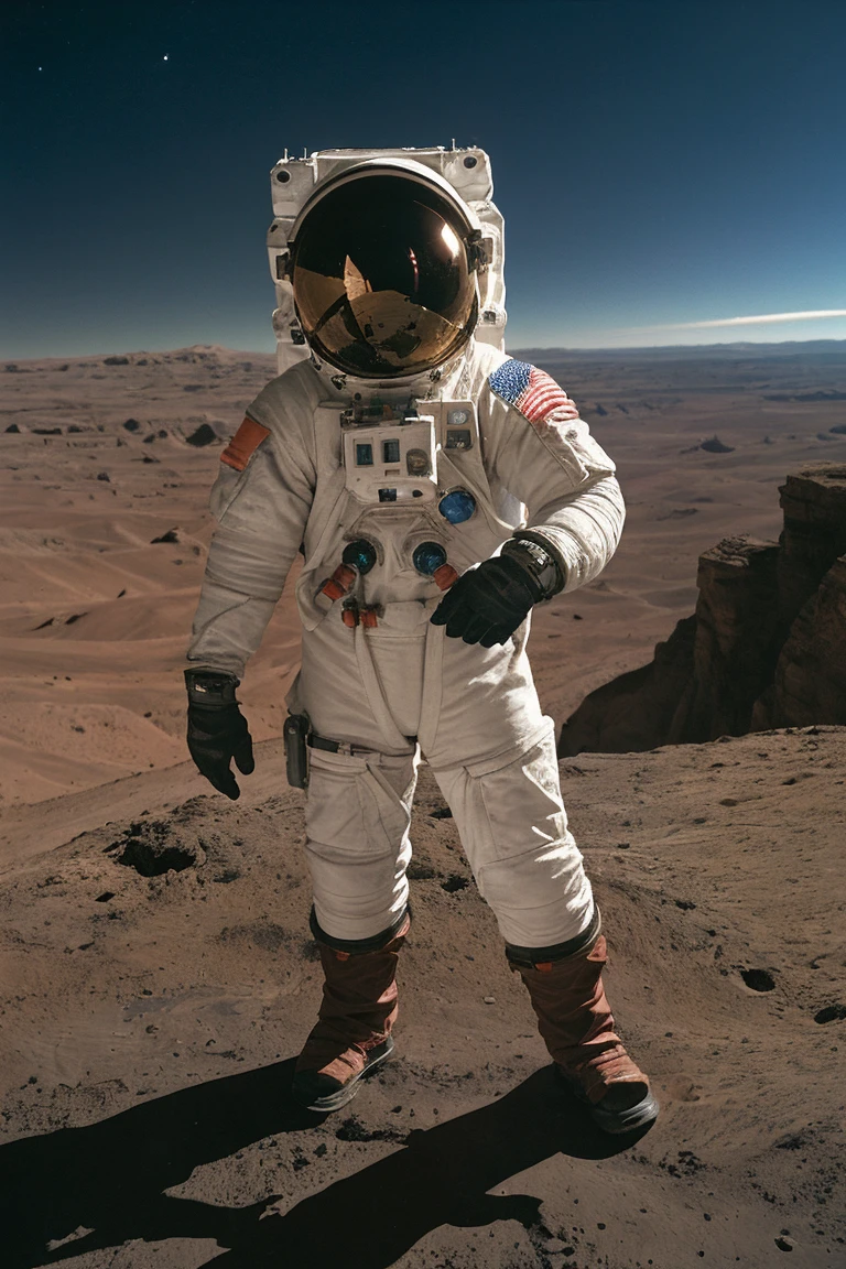 cinematic film, Realistic photograph,
An astronaut stands at the edge of a daunting canyon on Mars, gazing into the vast chasm that stretches before him under the starlit sky. The night is illuminated by the distant stars and the faint light of the planet, casting long shadows across the Martian landscape. The steep and rugged walls of the canyon seem insurmountable, and the astronaut, clad in his spacesuit, screams into the void, a mix of awe and exasperation evident in his expression. The Martian terrain, scattered with rocks and shadows, adds to the atmosphere of mystery and the challenges of space exploration.
,shallow depth of field, vignette, highly detailed, high budget, bokeh, cinemascope, moody, epic, gorgeous, film grain, grainy,