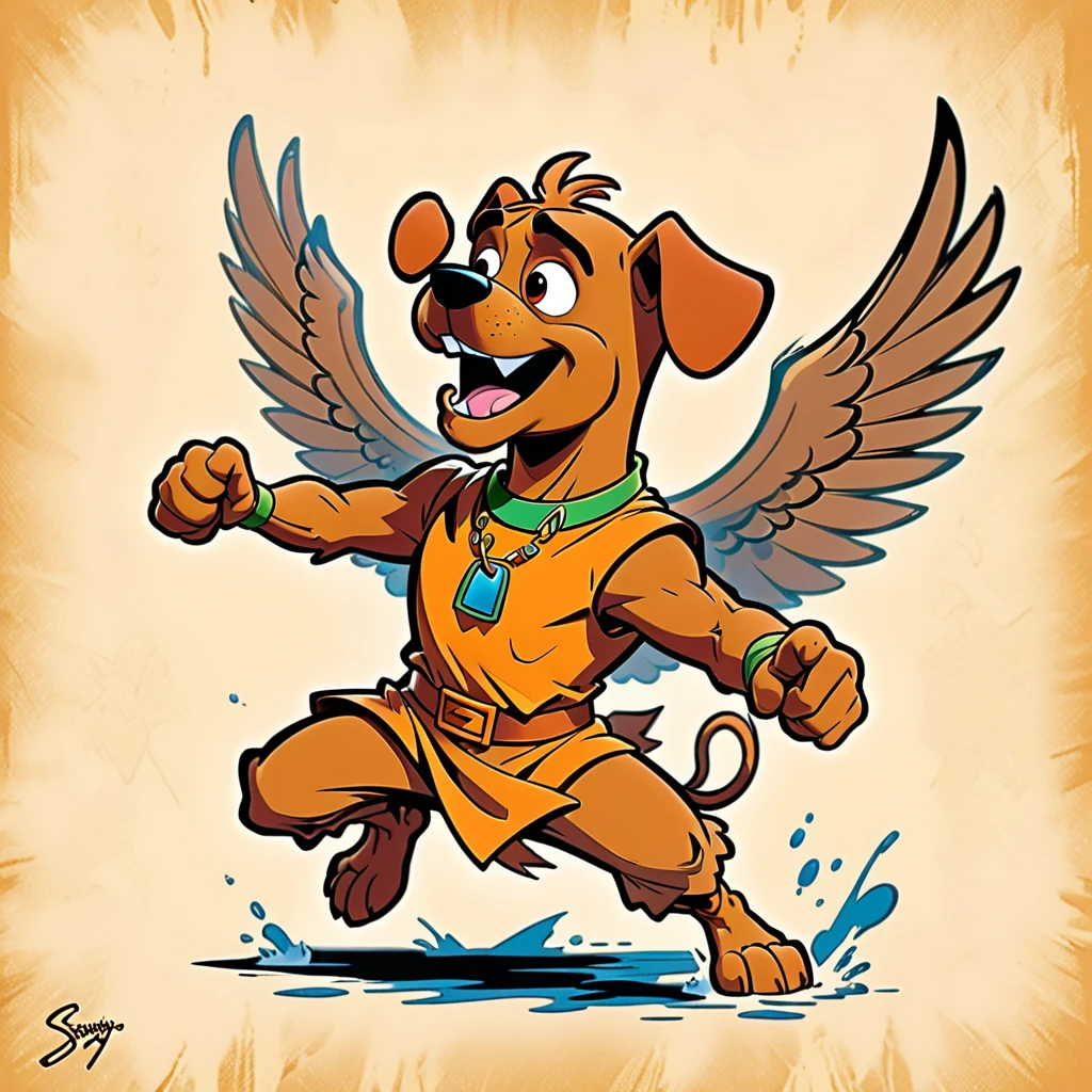 1960s design, vintage retro scrappy doo,  screen grab Scooby Doo TV show, solid color design, 1960's Scooby Doo color style, expressive sketch bold ink lines, upright fists up to box, fighting stance, splash page comic, distinct scrappy doo design and iconic resemblance to the character scrappy doo, alone solo Scrappy Doo, flying, with wings, winged scrappy doo, ornate detailed feathers on wings, clearly scrappy doo, short small dog Scooby Doo distinct to original cartoon,  scene is minimal, serene, perfect, strange, candid, cinematic, surreal, and timeless. The style is a mix of realism and cartoon, with 90s comic aesthetics, expressive ink work, cinematic compositions, and nuanced details. The style is reminiscent of Joelle Jones and 90's scooby doo animated tv show,  scooby doo distinct art style,
