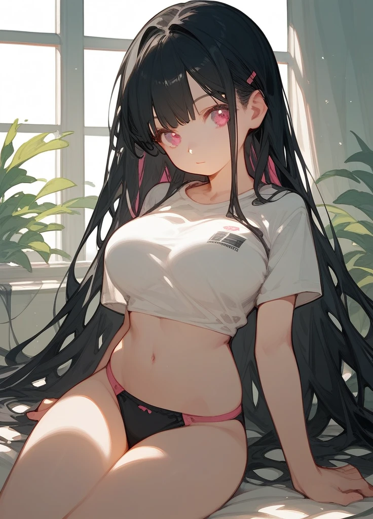 One girl, Black Hair, Large Breasts, Pink eyes, Bangs, Very long hair, Straight Hair, Illustration, anime, anime風, underwear,Young