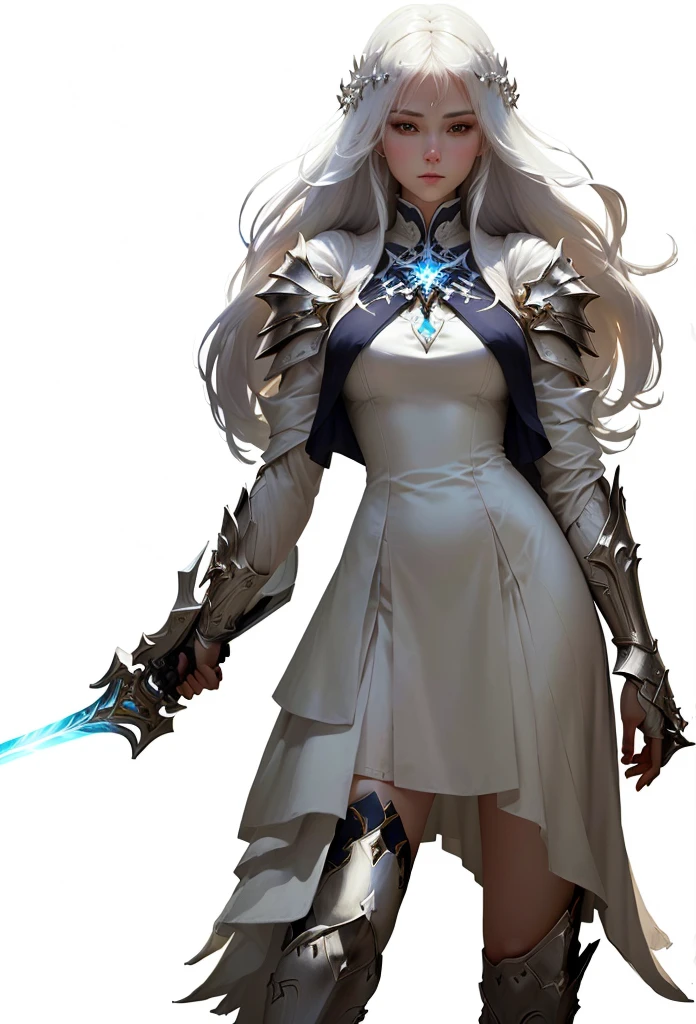 a woman in a white dress holding a sword and a sword, epic exquisite character art, pale white armor, light sorceress full view, by Yang J, dark fantasy character design, armor girl, holy cleric girl, wlop rossdraws, beautiful priestess, stunning character art, fantasy character, rossdraws 1. 0, white dress, white sleeveless top,