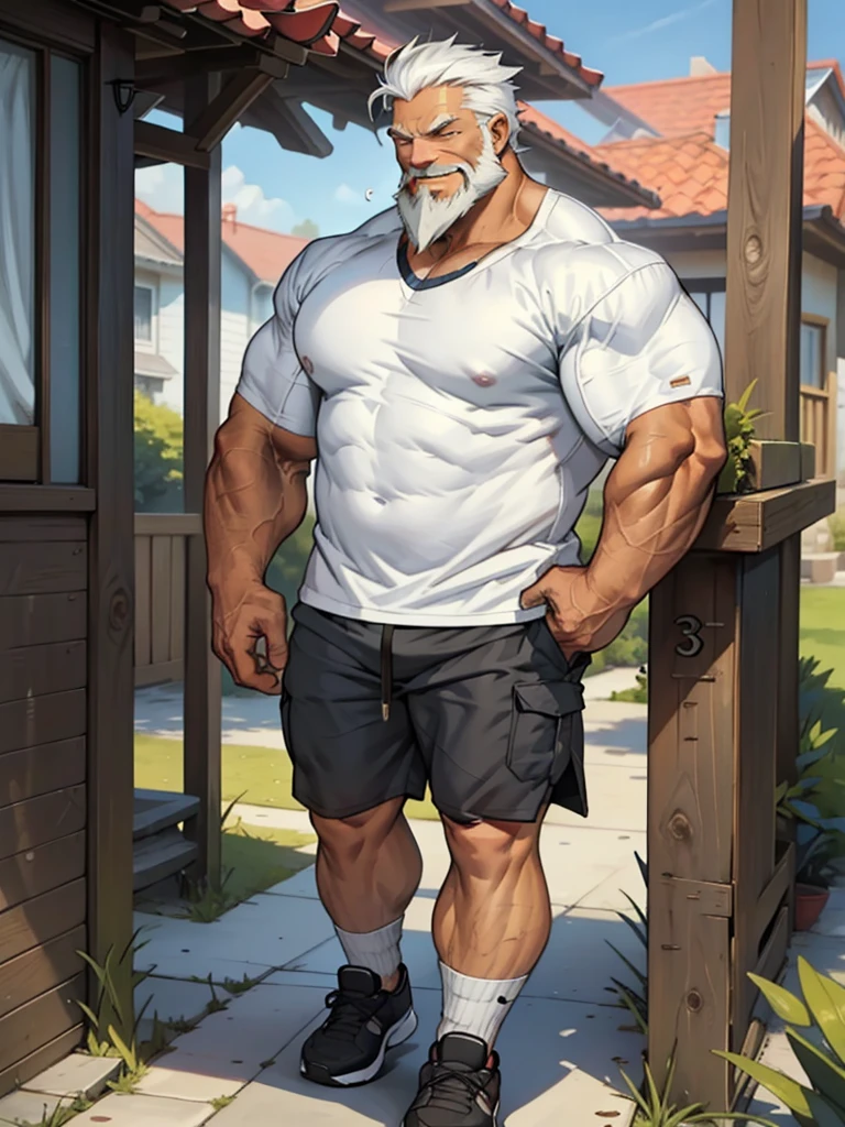 a potrait, half body, semirelistic:1.2, masterpiece, detailed face, muscular old man in front house, old man, thick arm, huge arm, bearded. white hair and beard, bearded, muscular, pectoral, wide pectoral, realistic, 8k, masterpiece, (wearing shorts and white shirt:1.3, shoes), smile