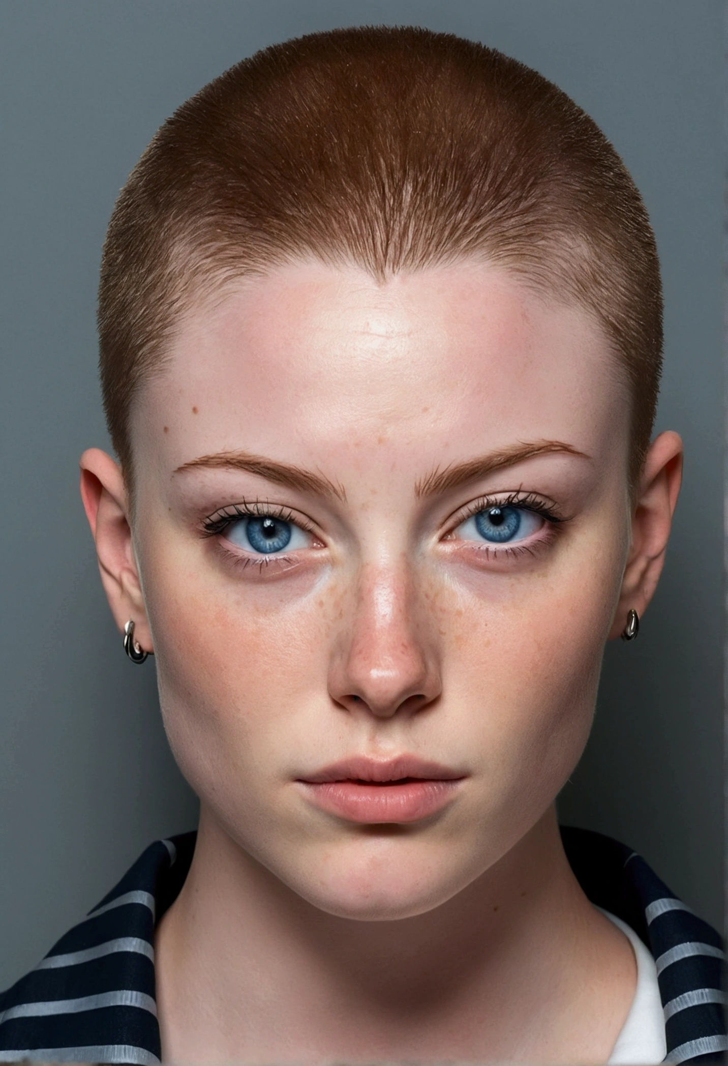 Muscular college girl with large breast and a large butt, blue eyes, pale skin, freckles and a nose piercing with a buzz cut wearing a prison uniform posing for a mugshot