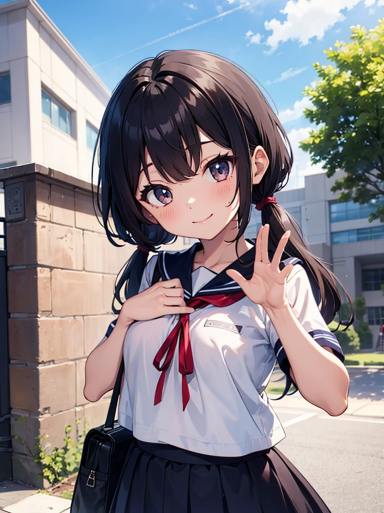 1girl, standing, (waving at the camera with left hand), (right hand on chest), (head tilt), smile, 15yo, 1girl, standing, gentle smile, 15yo, head tilt,
school building on the back,
4-story white school building, outdoor, tree on side, (low twintails girl), low pigtails, red ribbon on hair, very long black hair, white serafuku with blue ribbon, navy-blue collar, navy-blue skirt, (dark brown eye), 1 school bag on right shoulder, afternoon, summer, school, (from front:1.4), upper body, anime, high brightness, detailed face, detailed eyes, (high quality, ultra detailed, masterpiece, super detail, highres, anatomically correct, UDH), good hands, good fingers Japanese anime style, extremely cute, detailed hands