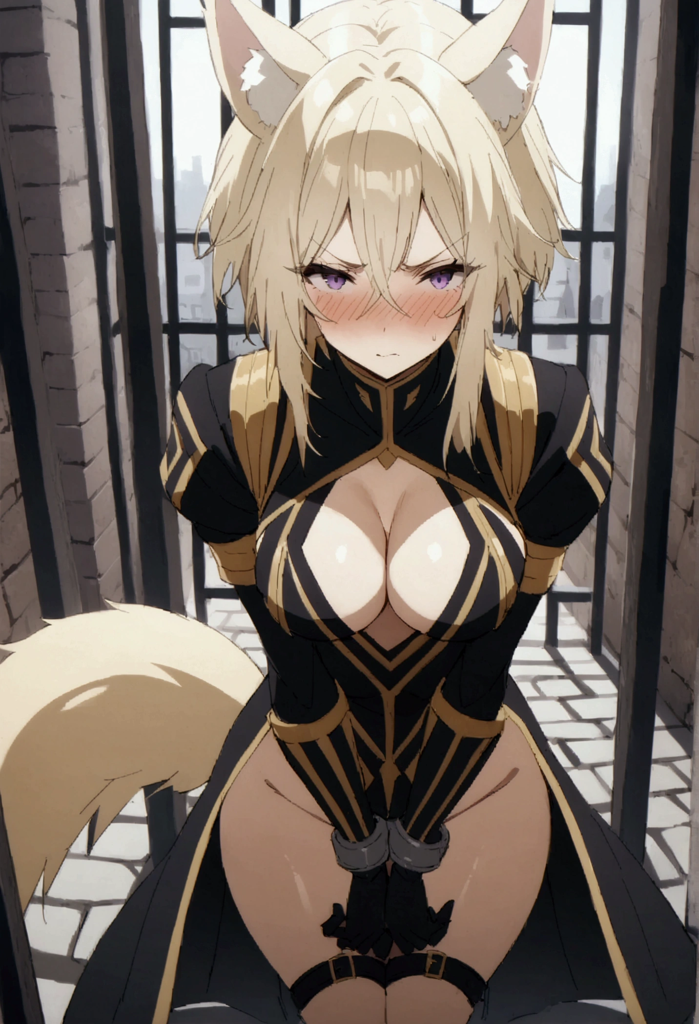 NSFW,masterpiece,Highest quality,High resolution,Very detailed,Zeta\(I want to be a powerful figure behind the scenes！\),Zeta,Animal ears、Purple Eyes、Blonde,short hair,gloves、Cleavage、tail、黒いgloves、Clothing cutouts、Cleavageの切り抜き,Both arms are handcuffed,Raise your arms,Glare,Angry face,blush,prison,In the cage,Cobblestones