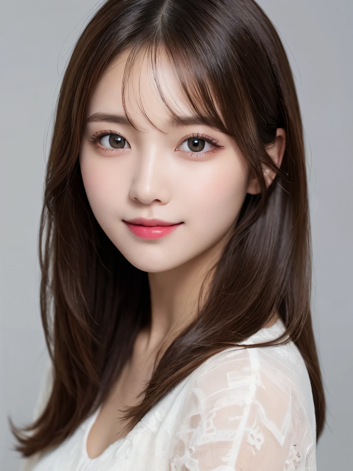 bust up photo, Shows everything from the top of the head to the bust, looks happy, highest quality, shape, Super detailed, finely, High resolution, 8k wallpaper, Perfect dynamic shape, beautiful and detailed eyes, D cup, natural color lip,smile、20 year old girl, Beautiful and dense face、perfect and beautiful face,Big eyes、real photos(best image quality), blouse (off white)、looking at camera、Please stand、Do gal makeup, white background