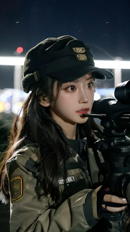 high quality, High-resolution images, Full HD、8k.A girl with long straight hair、He is wearing a US military uniform and a helmet pulled down over his head.。., He has a rifle.、Late Night City, Put on a night scope,Binoculars Night Vision Scope, Pitch black. Night scope light is green.,,(Shooting a gun from the rubble),((Lower the night scope to eye level,))