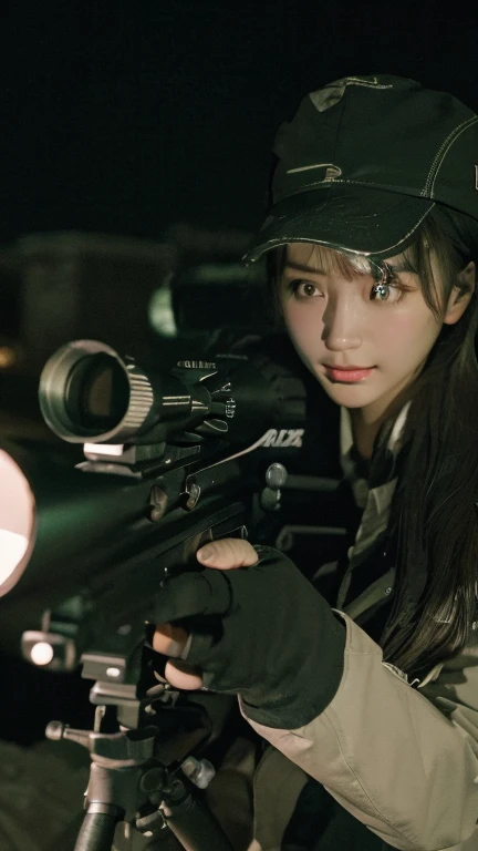 high quality, High-resolution images, Full HD、8k.A girl with long straight hair、He is wearing a US military uniform and a helmet pulled down over his head.。., He has a rifle.、Late Night City, Put on a night scope,Binoculars Night Vision Scope, Pitch black. Night scope light is green.,,(Shooting a gun from the rubble),((Lower the night scope to eye level,))