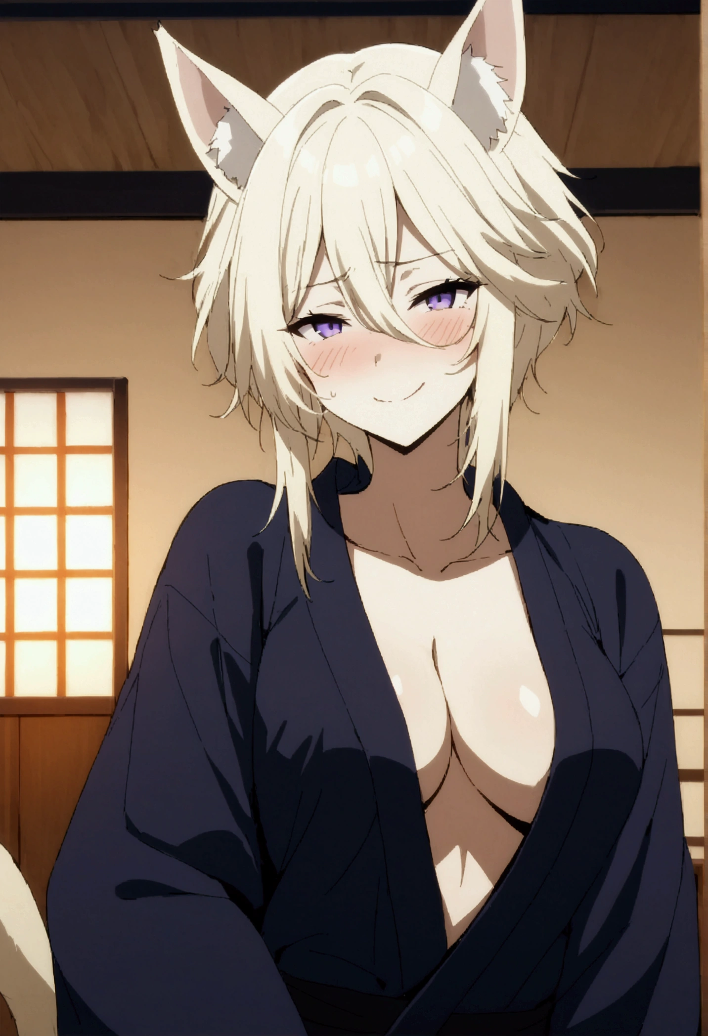 NSFW,masterpiece,Highest quality,High resolution,Very detailed,Zeta\(I want to be a powerful figure behind the scenes!\),Zeta,Animal ears、Purple Eyes,tail,Blonde,short hair,Gorgeous navy blue yukata,Cleavage,blush,Drunk,Smirking face,Intoxication,sake,Luxurious Japanese-style room,inn,futon,tatami,Shoji screen,moonlight
