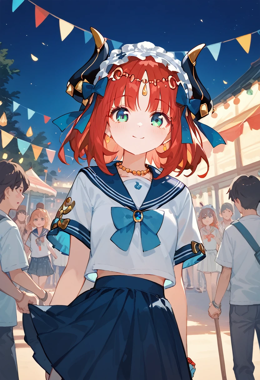 masterpiece,High resolution nilou,One girl,Sailor suit,Summer Festival at Night,Red Hair,Short Hair,high school girl,nsfw,