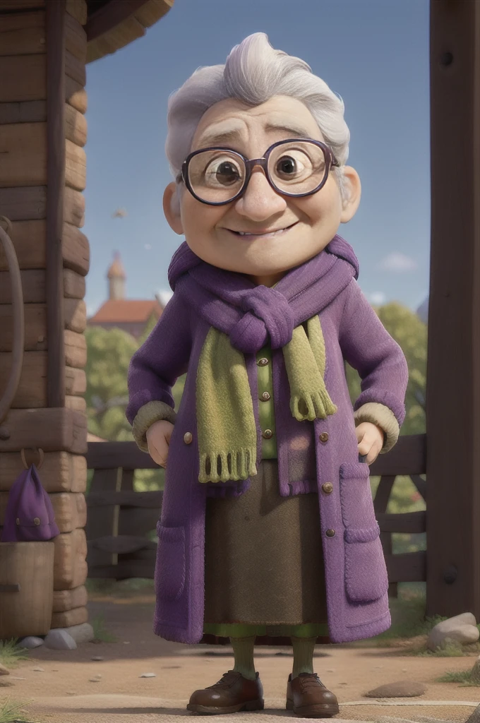 work of art, best qualityer, An old woman with glasses and a scarf, wearing a purple coat and green scarf, stopped not park