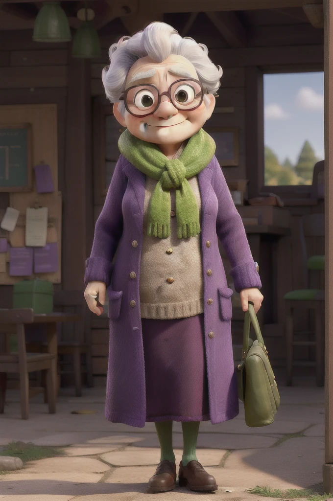 work of art, best qualityer, An old woman with glasses and a scarf, wearing a purple coat and green scarf, stopped not park