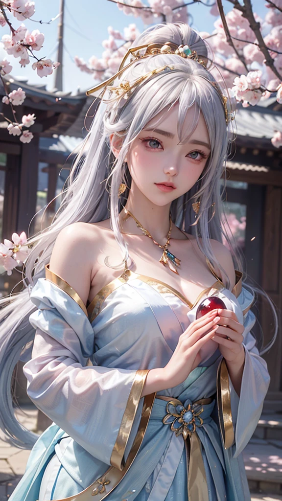 (Holding a glowing crystal ball in both hands)),Positive,Front composition,Upper Body,((Watching the audience)),Luxurious sky blue and white kimono,Cherry blossom hair accessory,Long, silvery hair,Cherry blossom hair accessory,Beautiful and delicate face,blush,cherry pink eyes,big eyes,Extremely fine resolution,Top quality,(Gold mysterious ring),mysterious,Goddes