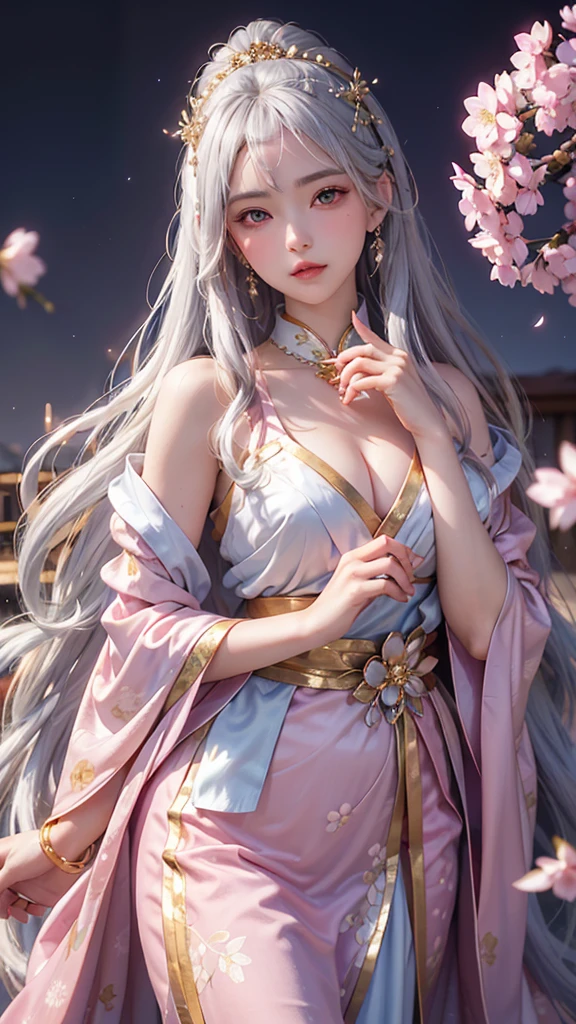 (Holding a glowing crystal ball in both hands)),Positive,Front composition,Upper Body,((Watching the audience)),Luxurious sky blue and white kimono,Cherry blossom hair accessory,Long, silvery hair,Cherry blossom hair accessory,Beautiful and delicate face,blush,cherry pink eyes,big eyes,Extremely fine resolution,Top quality,(Gold mysterious ring),mysterious,Goddes