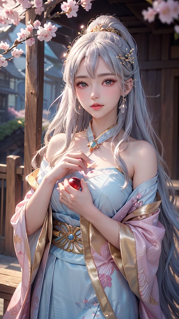(Holding a glowing crystal ball in both hands)),Positive,Front composition,Upper Body,((Watching the audience)),Luxurious sky blue and white kimono,Cherry blossom hair accessory,Long, silvery hair,Cherry blossom hair accessory,Beautiful and delicate face,blush,cherry pink eyes,big eyes,Extremely fine resolution,Top quality,(Gold mysterious ring),mysterious,Goddes