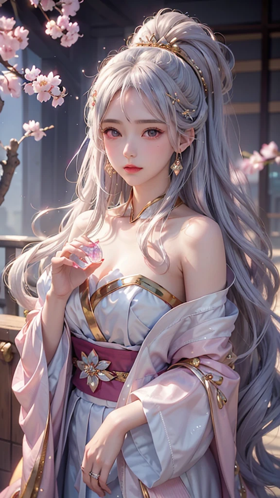 (Holding a glowing crystal ball in both hands)),Positive,Front composition,Upper Body,((Watching the audience)),Luxurious sky blue and white kimono,Cherry blossom hair accessory,Long, silvery hair,Cherry blossom hair accessory,Beautiful and delicate face,blush,cherry pink eyes,big eyes,Extremely fine resolution,Top quality,(Gold mysterious ring),mysterious,Goddes