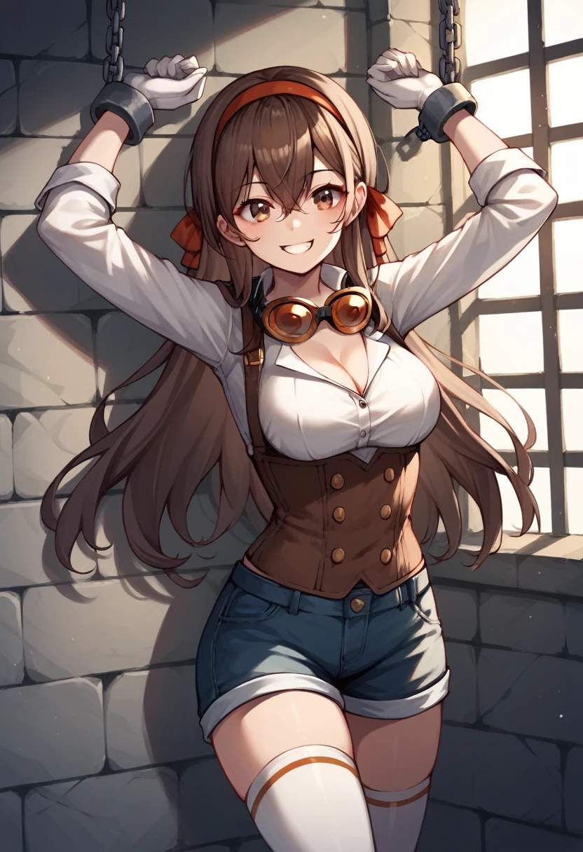 score_9, score_8_up, score_7_up, score_6_up, score_5_up, score_4_up, source_anime, 1girl,genshinamber, amber, long hair, bangs, brown hair, ribbon, hair between eyes, (brown eyes:1.5), hair ribbon, sidelocks, hairband, smile, grin, worth, wall,
BREAK thighhighs, gloves, long sleeves, cleavage, shorts, white gloves, goggles, goggles around neck, w-w-chain, shackles, raise arms, clean hair, windows, dungeon, best quality, best res, 4K UHD,