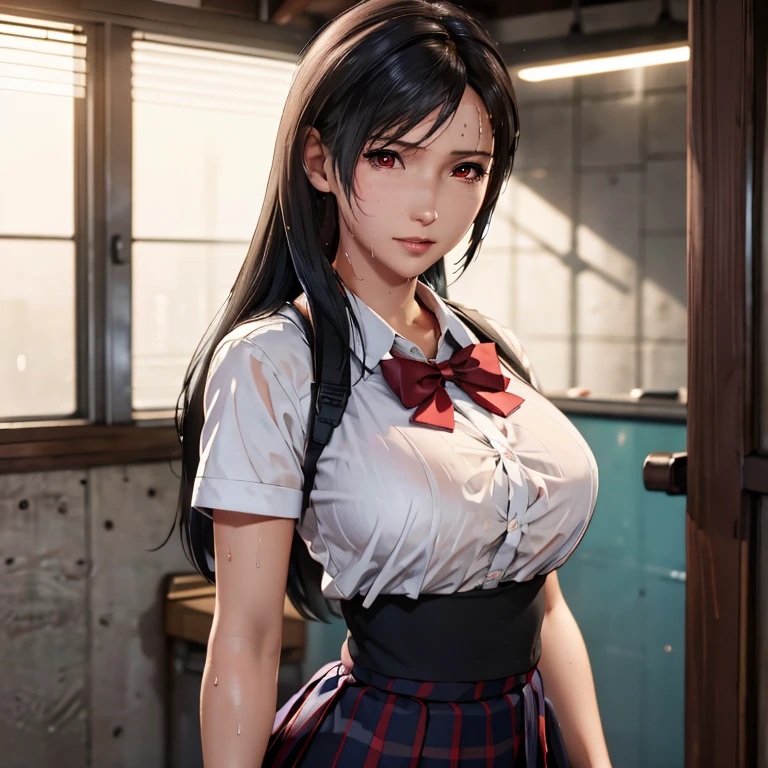 (masterpiece, best quality:1.2), solo, 1girl, school girl uniform , steam , rain , plaid skirt , pleated skirt , The shirt is tight. , white shirt , school girl , red bow , red knot , highly detailed photo of Tifa Lockhart posing, final fantasy 7 remake, red eyes, intricate, highres, 8k, detailed hair , wet and sweaty , wet white shirt