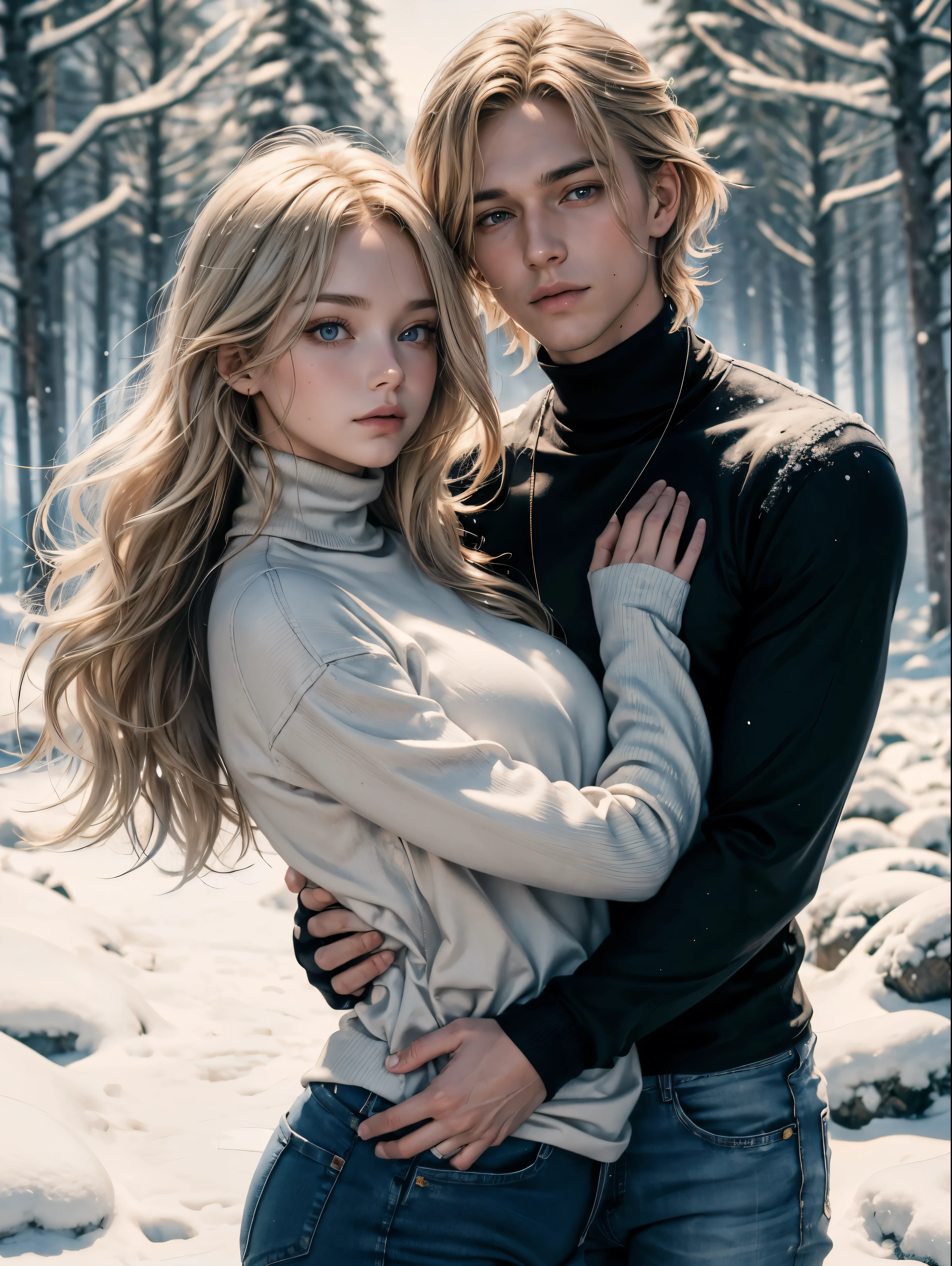 Couple, 1 wavy blonde hair girl, 1 young blonde boy fantasy thief, no bangs, grey eyes. Turtleneck jumper and jeans. black t shirt and jeans, height different, detailed eyes, eyes contact, face, hand. They look at the viewer. They hug. with snow. Full figure. Background snow forest, couple