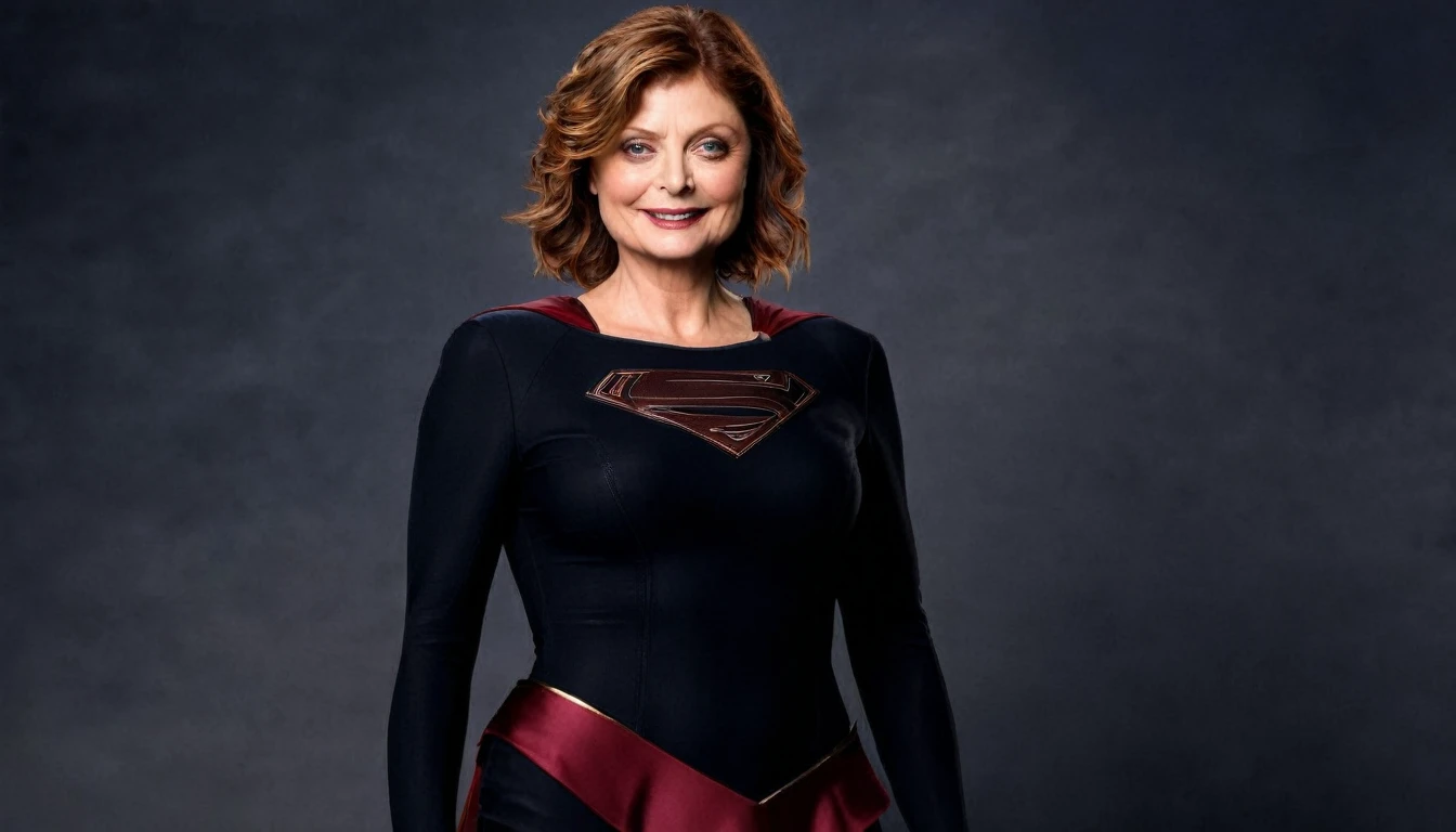 Supergirl Susan Sarandon evil gaze; sarcastic smile; short hair; (bad woman; malicious smile;; big fat woman; powerful; trusting; higher) em 2024 Supergirl(black uniform) ; full body