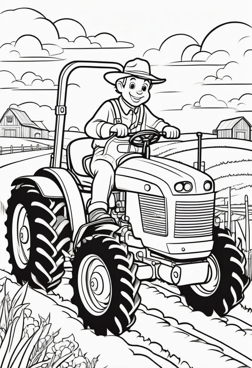 coloring page for kids, Farmer driving a tractor, cartoon style, thick lines