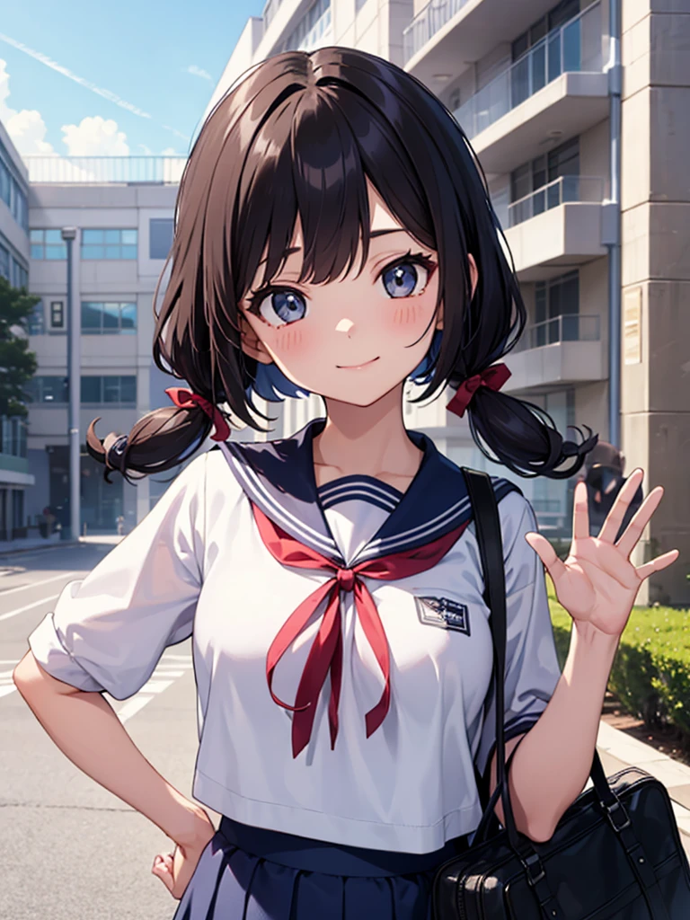 1girl, standing, (waving at the camera with left hand), (right hand on chest), (head tilt), smile, ****, 1girl, standing, gentle smile, ****, head tilt,
school building on the back,
4-story white school building, outdoor, tree on side, (low twintails girl), low pigtails, red ribbon on hair, very long black hair, white serafuku with blue ribbon, navy-blue collar, navy-blue skirt, (dark brown eye), 1 school bag on right shoulder, afternoon, summer, school, (from front:1.4), upper body, anime, high brightness, detailed face, detailed eyes, (high quality, ultra detailed, masterpiece, super detail, highres, anatomically correct, UDH), good hands, good fingers Japanese anime style, extremely cute, detailed fingers, digit