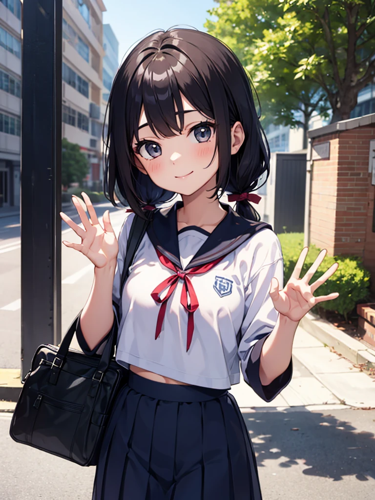 1girl, standing, (waving at the camera with left hand), (right hand on chest), (head tilt), smile, ****, 1girl, standing, gentle smile, ****, head tilt,
school building on the back,
4-story white school building, outdoor, tree on side, (low twintails girl), low pigtails, red ribbon on hair, very long black hair, white serafuku with blue ribbon, navy-blue collar, navy-blue skirt, (dark brown eye), 1 school bag on right shoulder, afternoon, summer, school, (from front:1.4), upper body, anime, high brightness, detailed face, detailed eyes, (high quality, ultra detailed, masterpiece, super detail, highres, anatomically correct, UDH), good hands, good fingers Japanese anime style, extremely cute, detailed fingers, digit