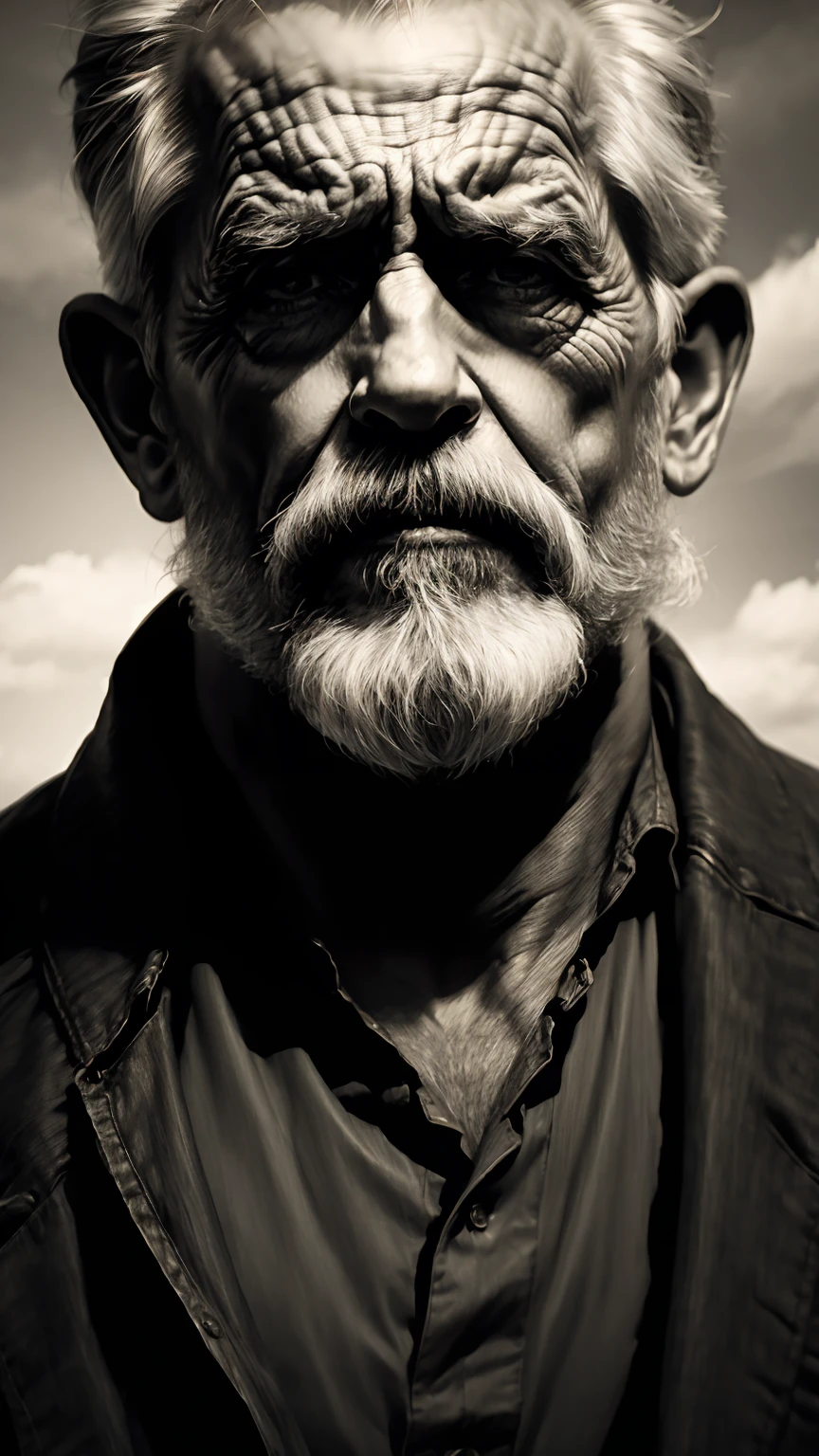 Portrait of a old man, (upper body), beard, expressive look, tattered leather clothes, dramatic lighting, (masterpiece, best quality:1.2), cloudy sky, (pencil drawing:1.2)
