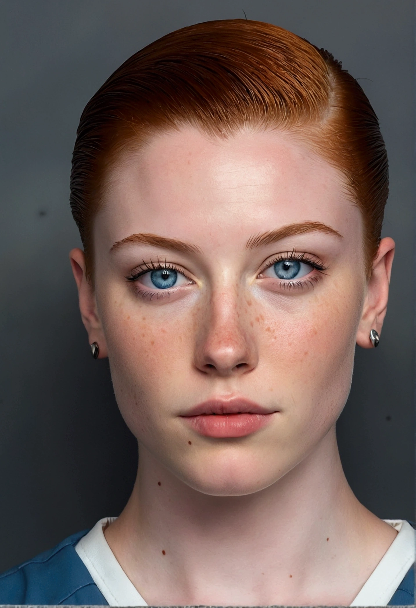 Muscular college girl with large breast and a large butt, blue eyes, pale skin, freckles and a nose piercing with a short slicked back men’s haircut with both sides of her head shaved wearing a prison uniform posing for a mugshot 