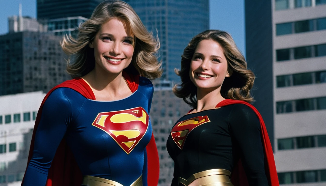 Super sarcastic smile (powerful; trusting; higher) 2007 (((Woman defined body strong and firm large breasts; Supergirl 1984s costume dress- black uniform))) as Supergirl(((Filme da Supergirl de 2007 de Lorraine Bracco))); floating in mid - air.