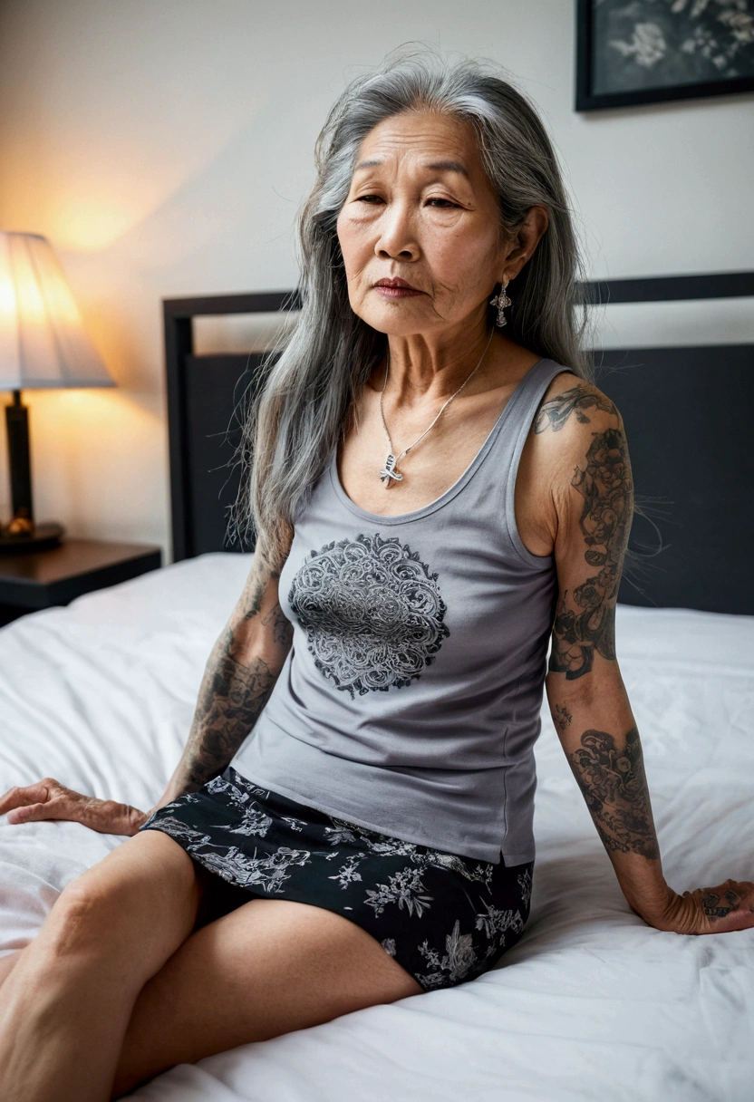 Asian granny, 60 years old. Long hair and grey. Sleeping on the bed. Singlet and mini skirt. Tattoo. Skinny.