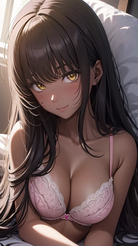 Masterpiece, best quality, rich blur background, long black hair, halo, bangs, yellow eyes, (( pink bra )), big tits, blushing, little smile, face close-up, lying down, night, midnight, soft lighting