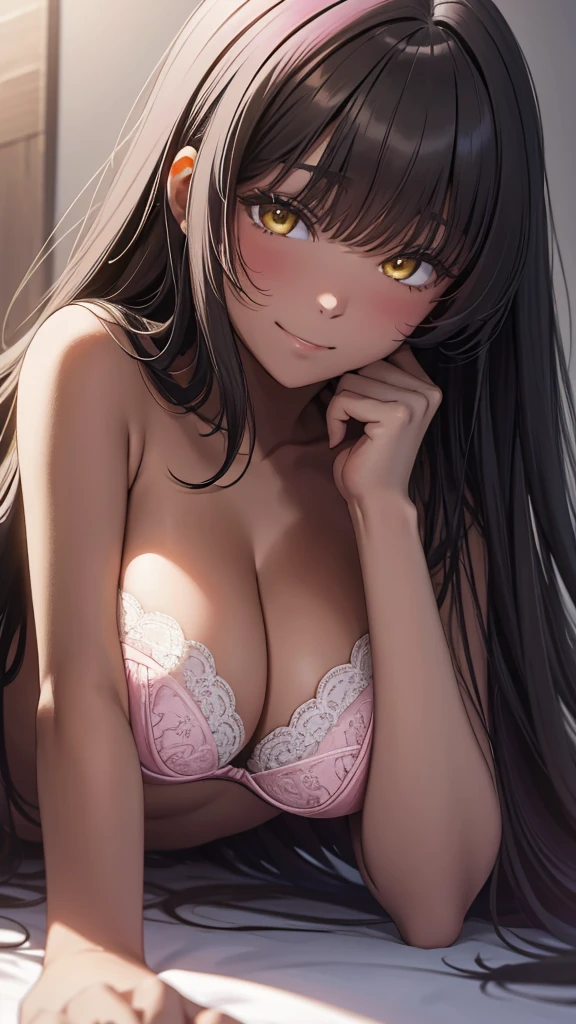 Masterpiece, best quality, rich blur background, long black hair, halo, bangs, yellow eyes, (( pink bra )), big tits, blushing, little smile, face close-up, lying down, night, midnight, soft lighting