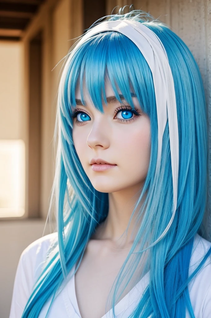 Anime, blue hair, almost white, very beautiful, blue eyes.