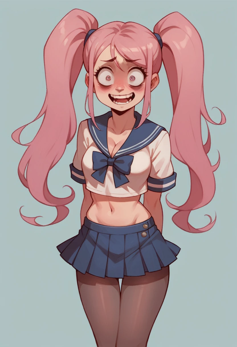 pantyhose,,sailor,microskirt,cute,wariza,pink hair,blush,crop top,see throul,twintails,cleavage,crazy eyes,