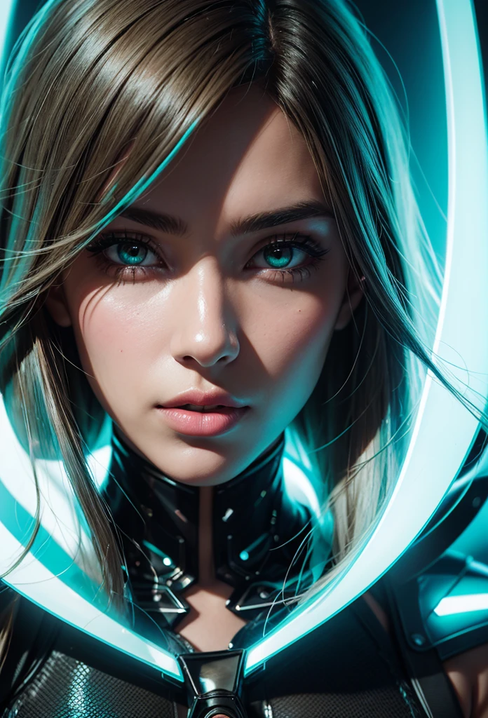 "Portrait of a beautiful woman with large, perfectly defined hazel eyes. His face is illuminated by the light of turquoise neon numbers that partially cover him, creating a futuristic and mysterious effect. Your skin is smooth and luminous, highlighting the beauty of your features. Her lips, thick and sensual, they are slightly broken, adding a touch of realism and character. The illumination of the neon numbers creates soft shadows that emphasize the bone structure of your face, giving it an ethereal and captivating appearance."