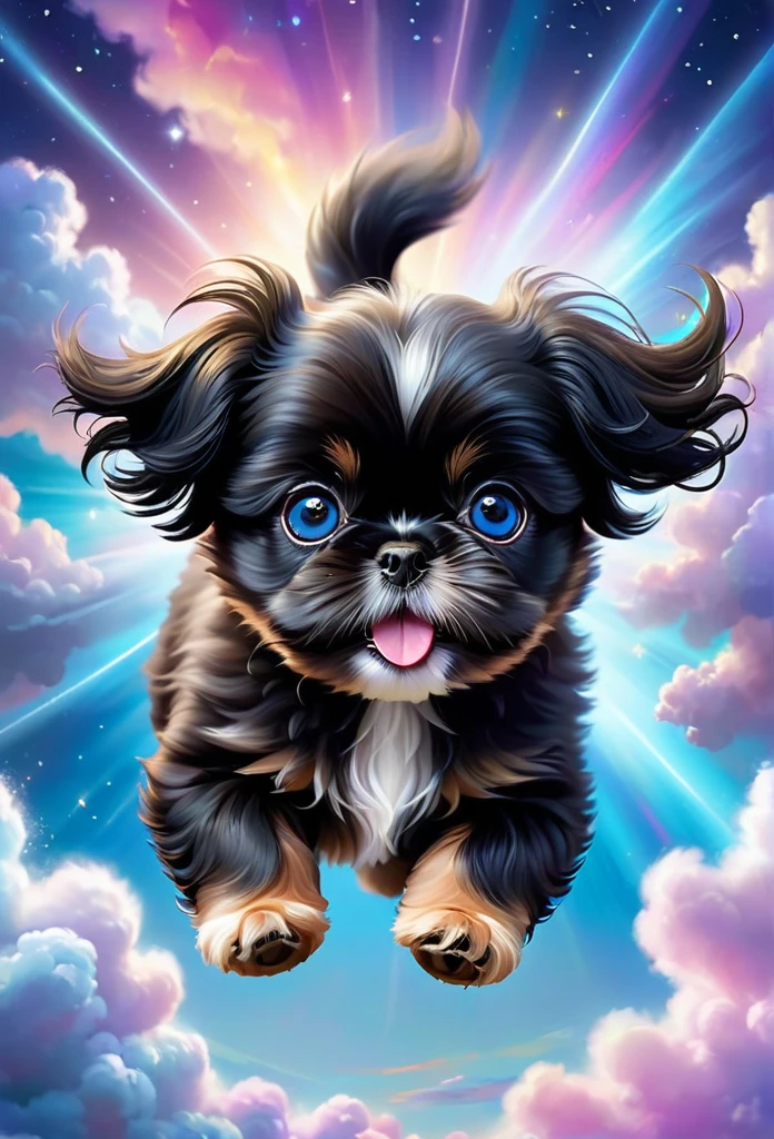A cute black Shih Tzu puppy flying through the sky, playful and joyful, adorable puppy with fluffy fur, big blue eyes and happy expression, puppy soaring gracefully through the clouds, magical fantasy scene, vibrant colors, whimsical lighting, highly detailed, 8k, photorealistic, digital art