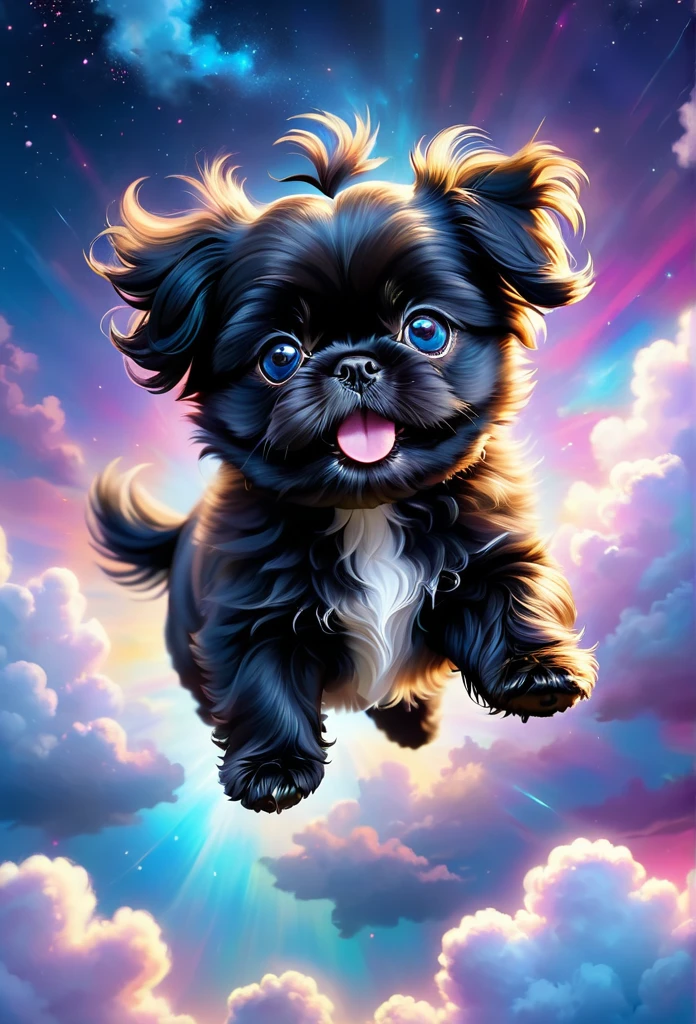 A cute black Shih Tzu puppy flying through the sky, playful and joyful, adorable puppy with fluffy fur, big blue eyes and happy expression, puppy soaring gracefully through the clouds, magical fantasy scene, vibrant colors, whimsical lighting, highly detailed, 8k, photorealistic, digital art