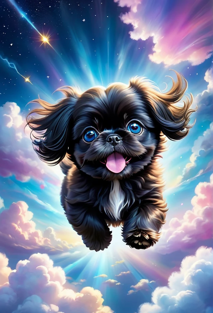 A cute black Shih Tzu puppy flying through the sky, playful and joyful, adorable puppy with fluffy fur, big blue eyes and happy expression, puppy soaring gracefully through the clouds, magical fantasy scene, vibrant colors, whimsical lighting, highly detailed, 8k, photorealistic, digital art