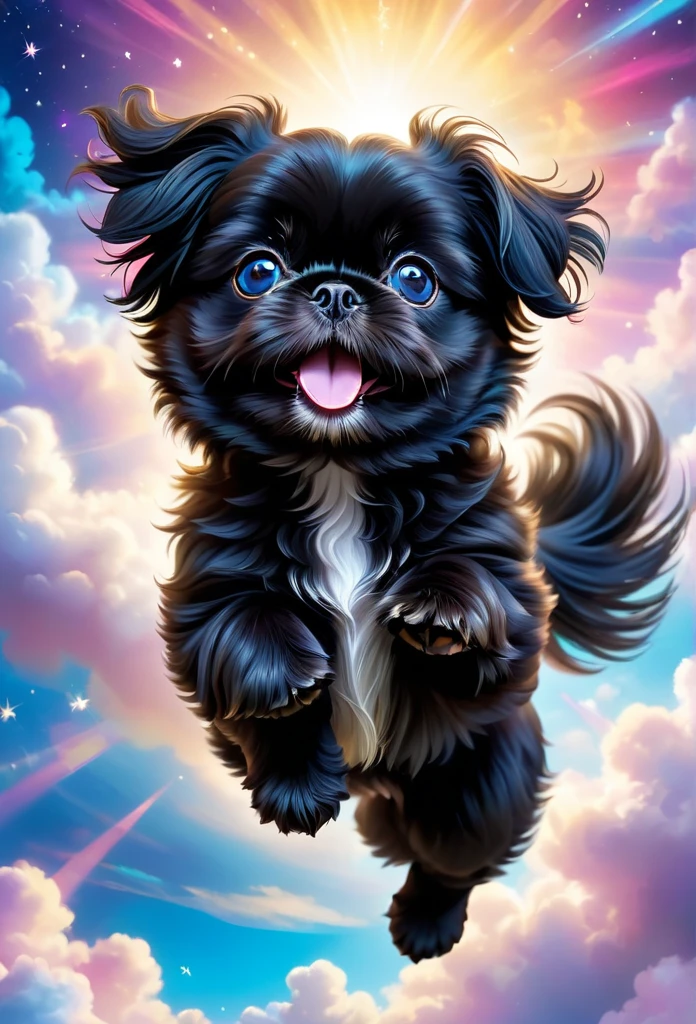 A cute black Shih Tzu puppy flying through the sky, playful and joyful, adorable puppy with fluffy fur, big blue eyes and happy expression, puppy soaring gracefully through the clouds, magical fantasy scene, vibrant colors, whimsical lighting, highly detailed, 8k, photorealistic, digital art