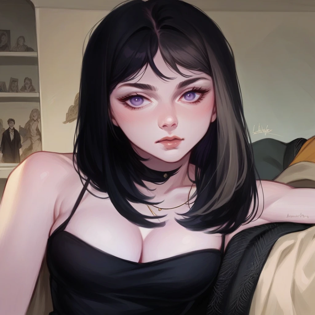 A sexy girl, black trench coat, cleavage, glowing purple aura, dramatic lighting, dark and stormy background, high detail, digital painting, illustration, (masterpiece, best quality:1.2), comic retro style