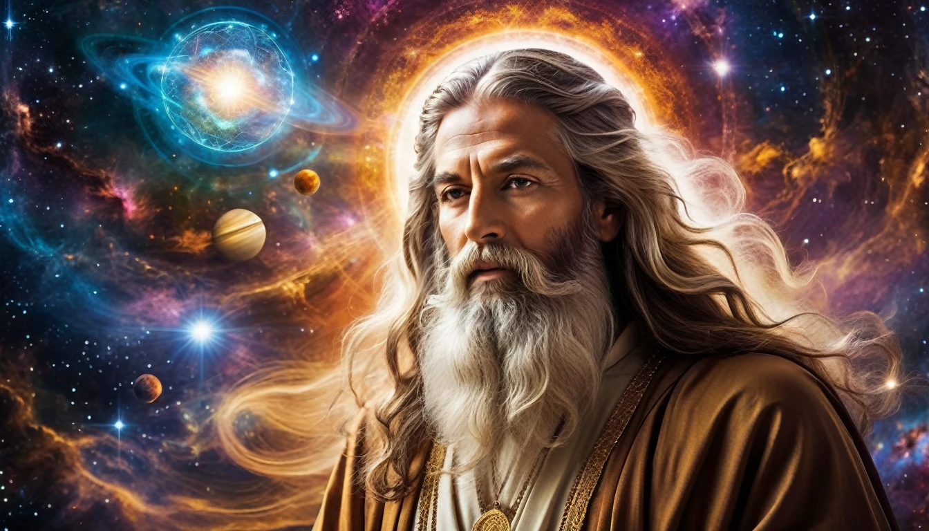 Create an image that depicts a mystical figure with divine features, The figure must have a wise and venerable appearance, with long hair and beard, and be immersed in a cosmic setting. Your brain should be visible and illuminated, connected to planets and galaxies through filaments of energy and light. The figure's hand must be extended, interacting with a spiral galaxy, symbolizing control and harmony with the universe. Use a vibrant color palette, including blue, oranges and whites, to create heavenly contrast and a stunning visual effect